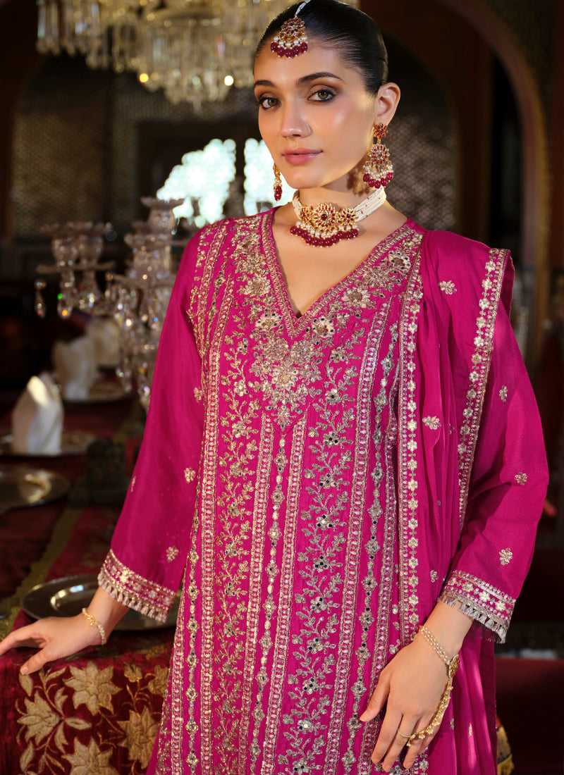 Vegaa Fashion Rani Pink Chinon Silk Embroidered Designer Palazzo Suit - Distacart