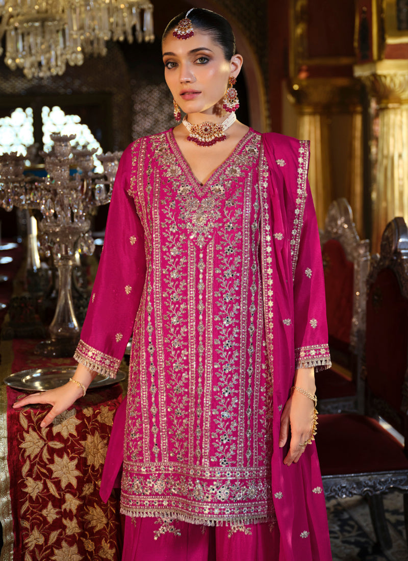 Vegaa Fashion Rani Pink Chinon Silk Embroidered Designer Palazzo Suit - Distacart