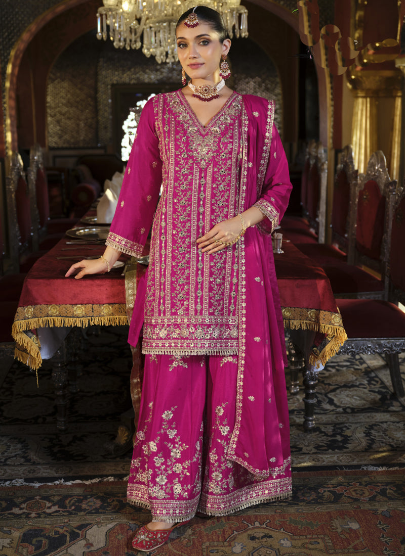 Vegaa Fashion Rani Pink Chinon Silk Embroidered Designer Palazzo Suit - Distacart