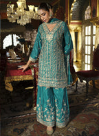 Vegaa Fashion Turquoise Chinon Silk Embroidered Designer Palazzo Suit - Distacart