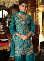 Vegaa Fashion Turquoise Chinon Silk Embroidered Designer Palazzo Suit - Distacart