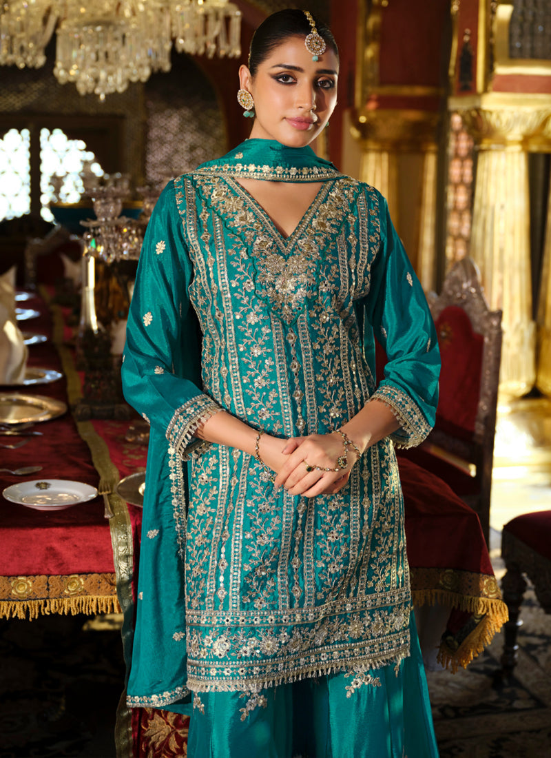 Vegaa Fashion Turquoise Chinon Silk Embroidered Designer Palazzo Suit - Distacart