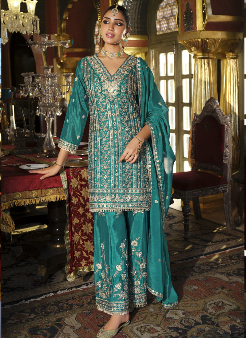 Vegaa Fashion Turquoise Chinon Silk Embroidered Designer Palazzo Suit - Distacart