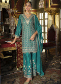 Vegaa Fashion Turquoise Chinon Silk Embroidered Designer Palazzo Suit - Distacart