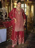 Vegaa Fashion Maroon Chinon Silk Embroidered Designer Palazzo Suit - Distacart