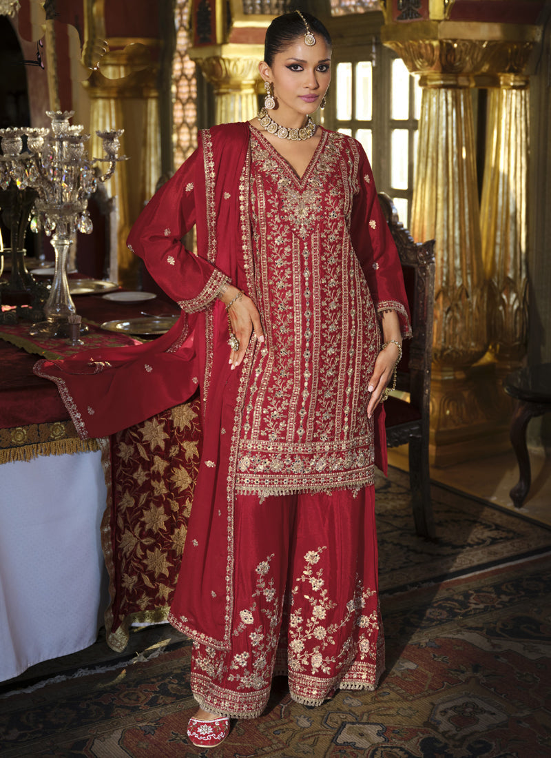 Vegaa Fashion Maroon Chinon Silk Embroidered Designer Palazzo Suit - Distacart