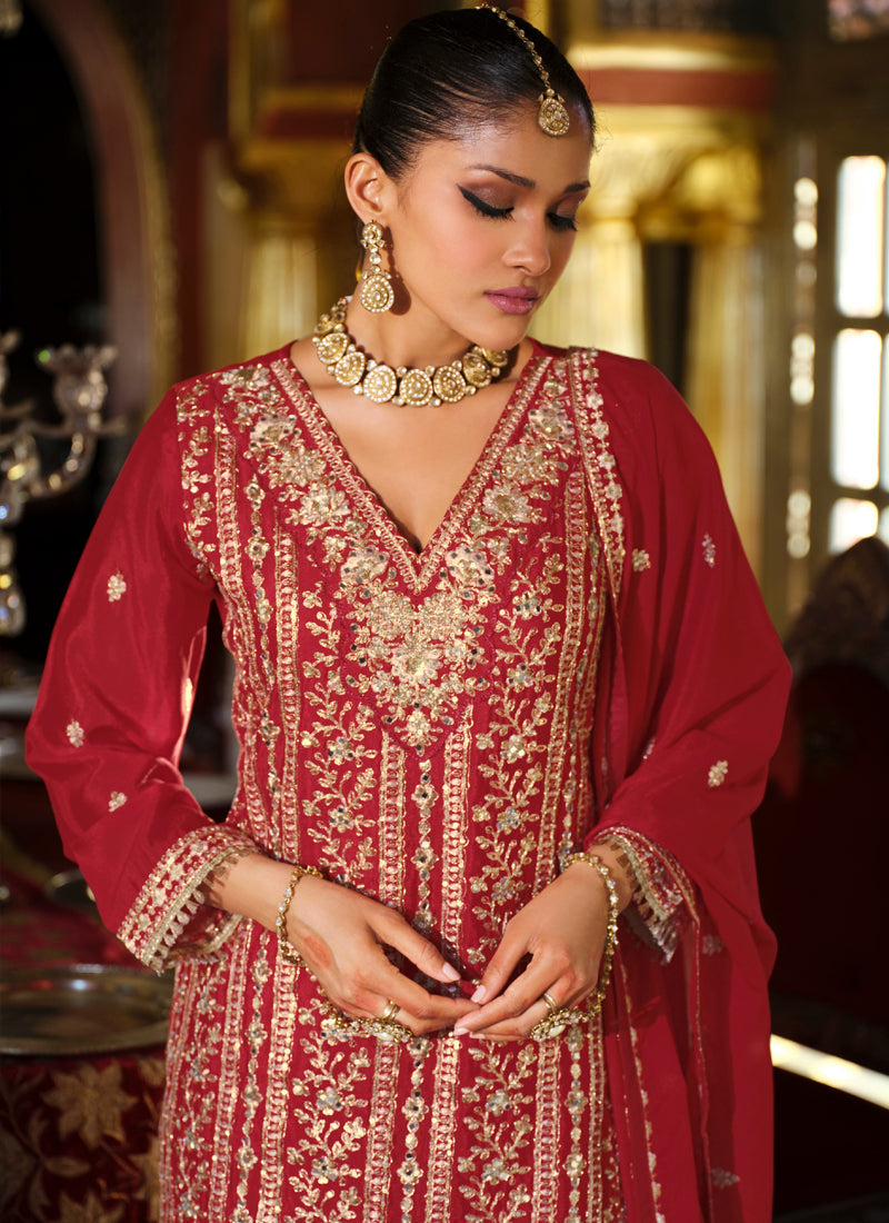 Vegaa Fashion Maroon Chinon Silk Embroidered Designer Palazzo Suit - Distacart