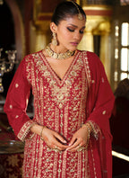 Vegaa Fashion Maroon Chinon Silk Embroidered Designer Palazzo Suit - Distacart