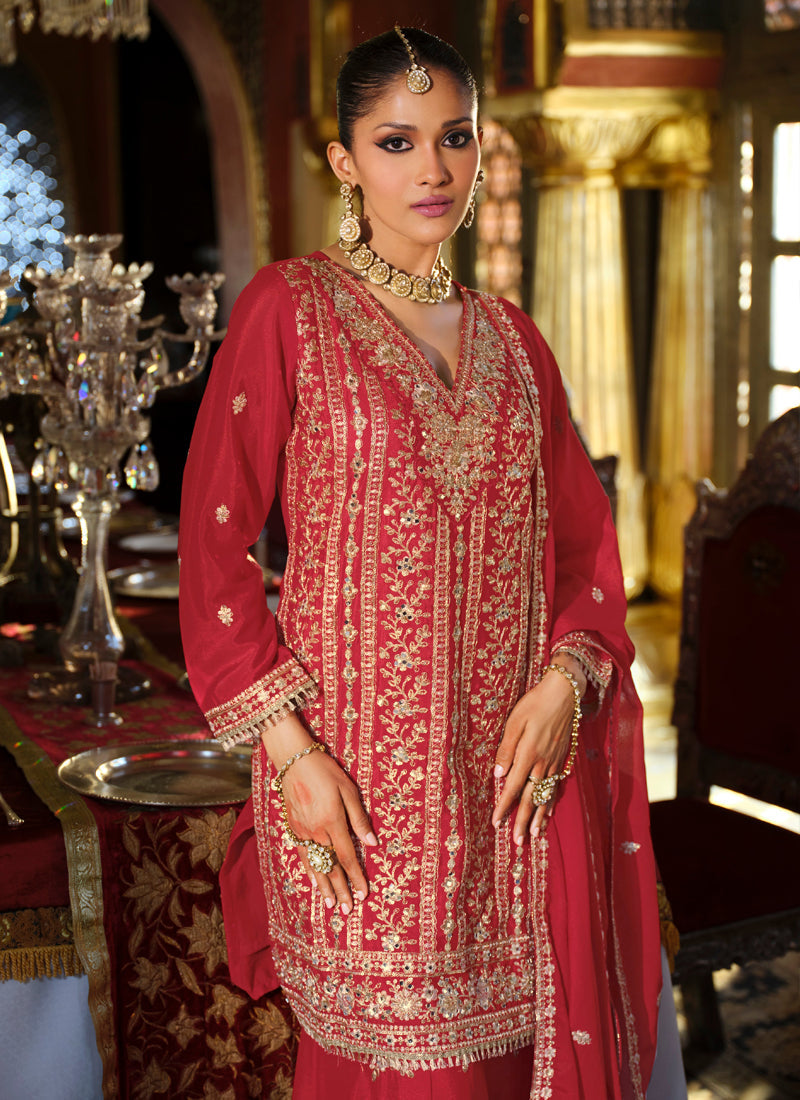 Vegaa Fashion Maroon Chinon Silk Embroidered Designer Palazzo Suit - Distacart