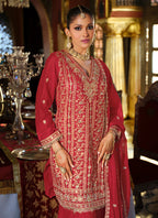 Vegaa Fashion Maroon Chinon Silk Embroidered Designer Palazzo Suit - Distacart