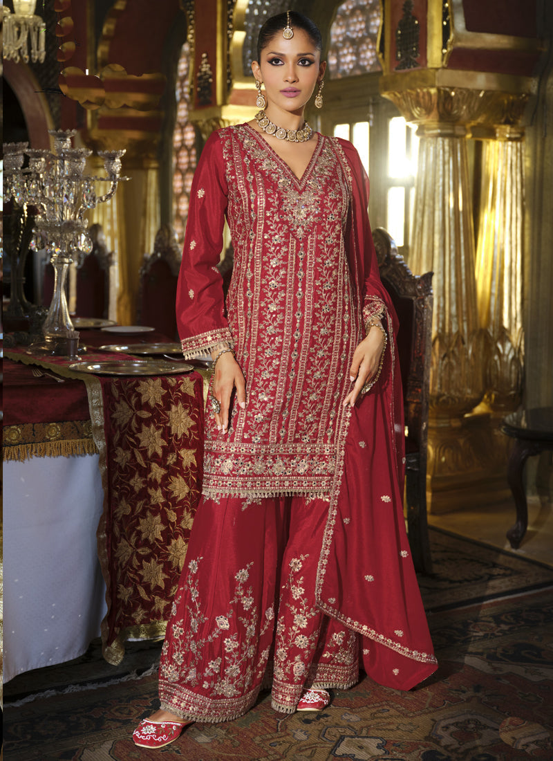 Vegaa Fashion Maroon Chinon Silk Embroidered Designer Palazzo Suit - Distacart
