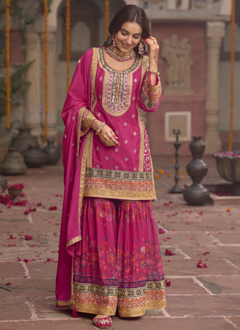Vegaa Fashion Pink Chinon Silk Embroidered Sharara Suit - Distacart