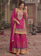 Vegaa Fashion Pink Chinon Silk Embroidered Sharara Suit - Distacart