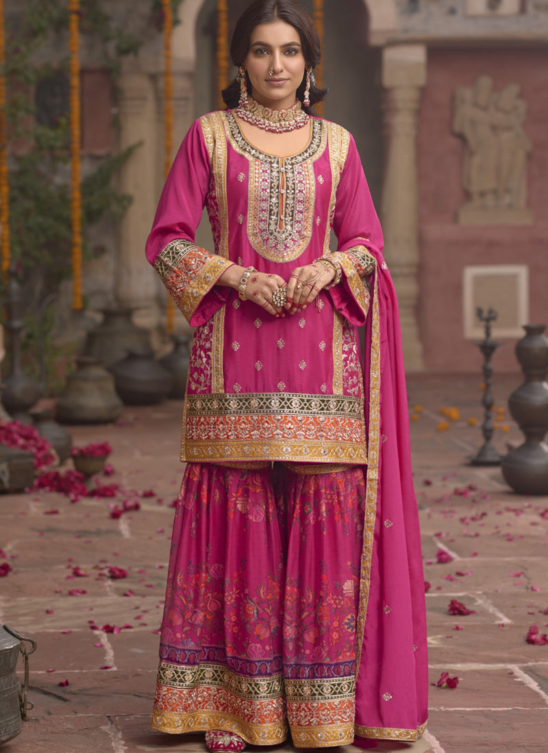Vegaa Fashion Pink Chinon Silk Embroidered Sharara Suit - Distacart