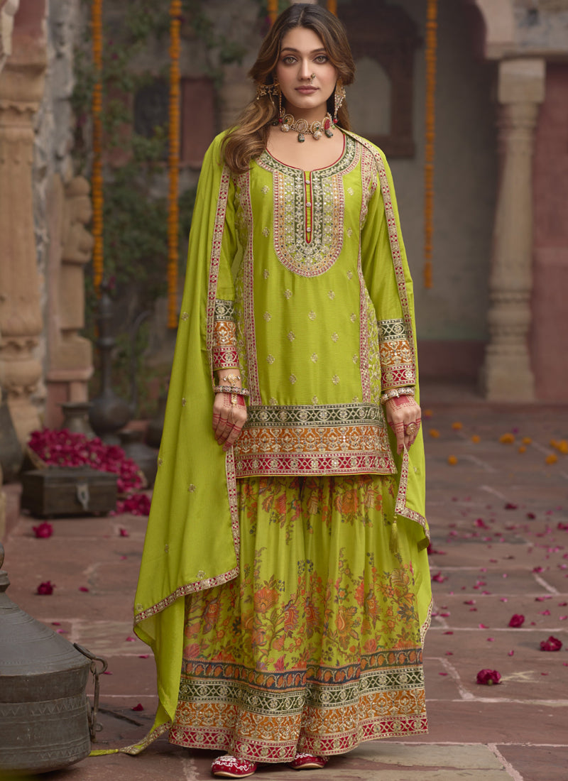 Vegaa Fashion Mehendi Chinon Silk Embroidered Sharara Suit - Distacart