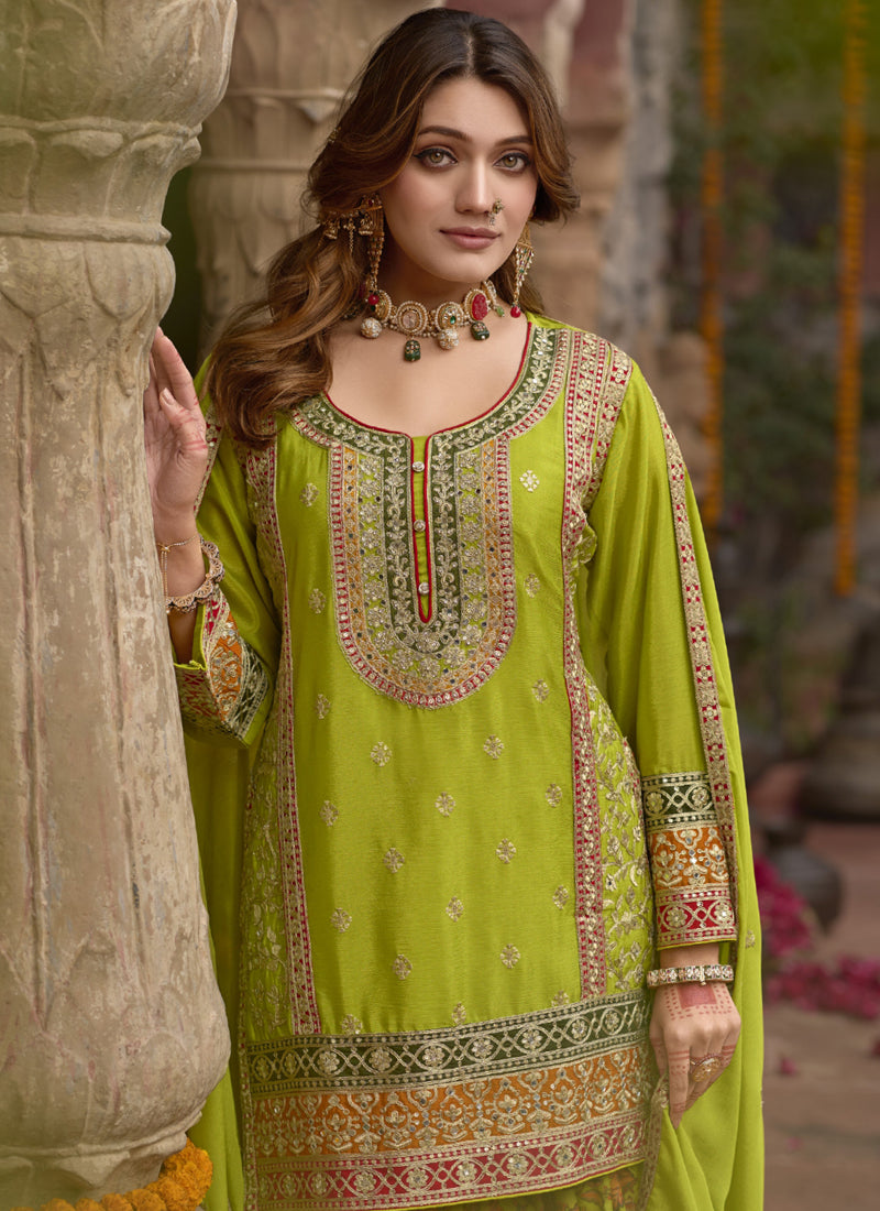 Vegaa Fashion Mehendi Chinon Silk Embroidered Sharara Suit - Distacart