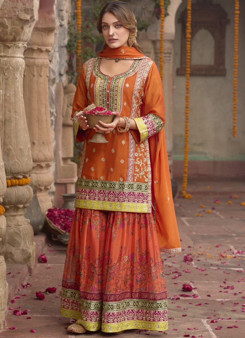 Vegaa Fashion Orange Chinon Silk Embroidered Sharara Suit - Distacart