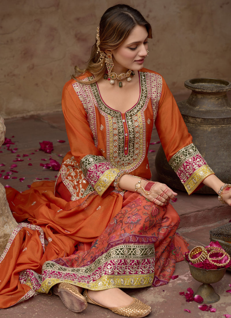 Vegaa Fashion Orange Chinon Silk Embroidered Sharara Suit - Distacart