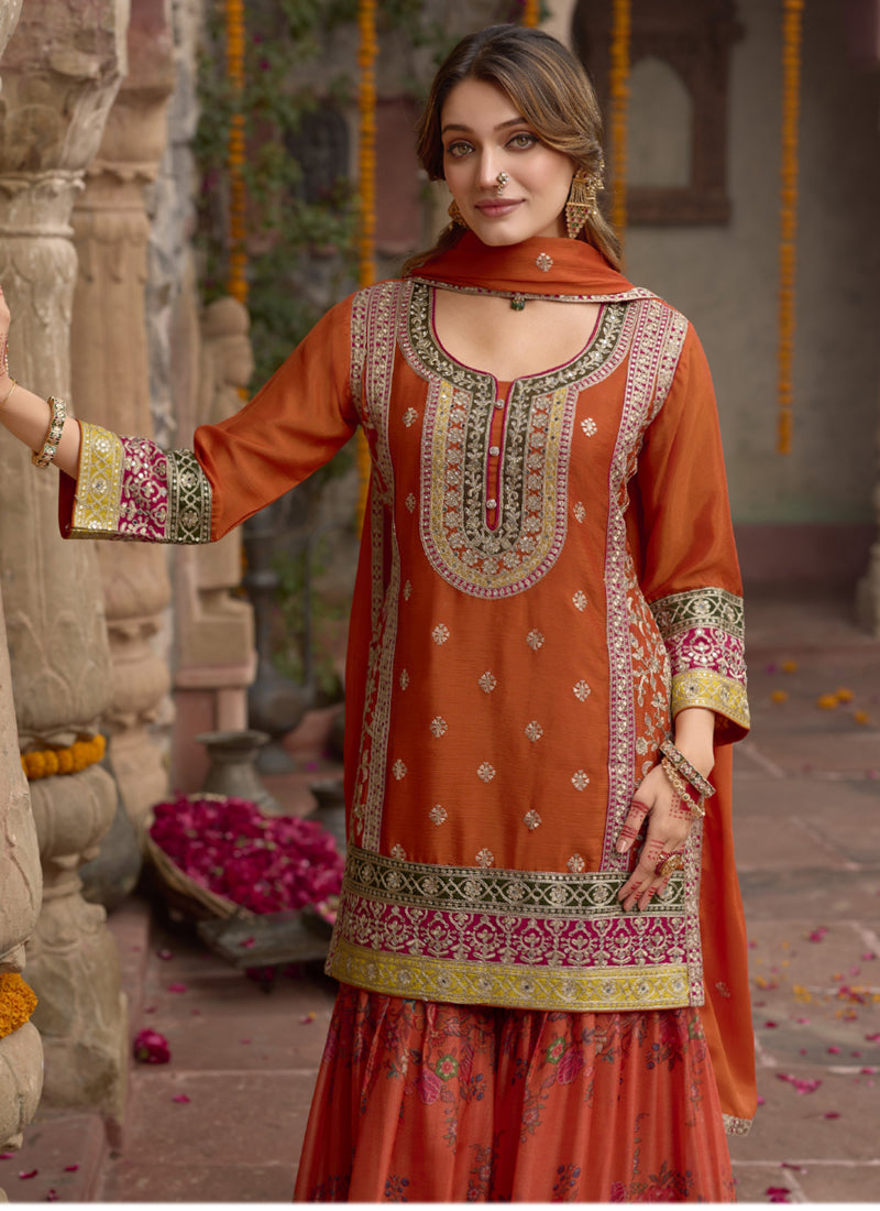 Vegaa Fashion Orange Chinon Silk Embroidered Sharara Suit - Distacart