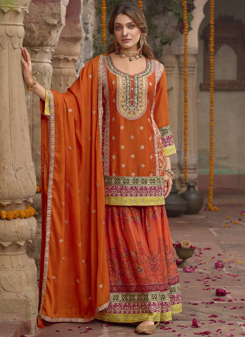 Vegaa Fashion Orange Chinon Silk Embroidered Sharara Suit - Distacart
