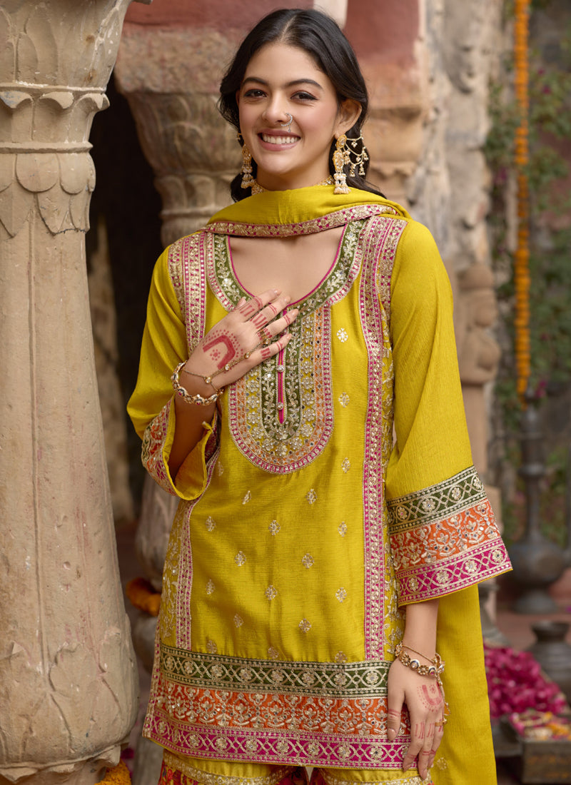 Vegaa Fashion Yellow Chinon Silk Embroidered Sharara Suit - Distacart