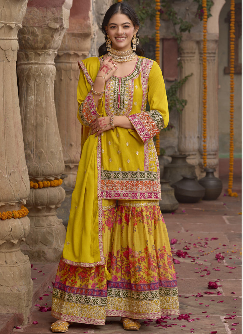 Vegaa Fashion Yellow Chinon Silk Embroidered Sharara Suit - Distacart