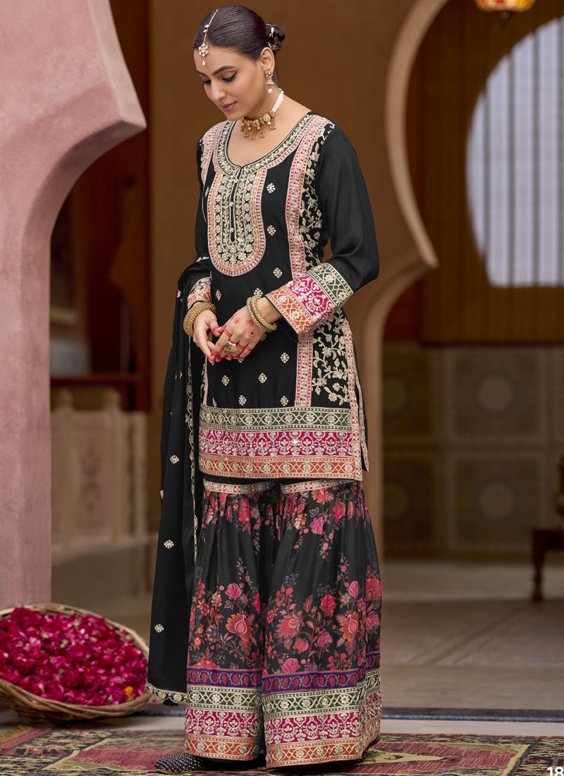 Vegaa Fashion Black Chinon Silk Embroidered Sharara Suit - Distacart