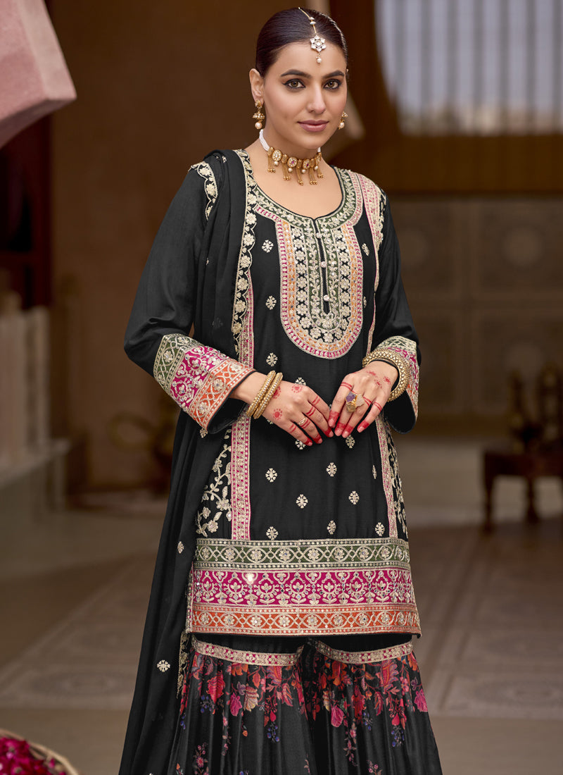 Vegaa Fashion Black Chinon Silk Embroidered Sharara Suit - Distacart
