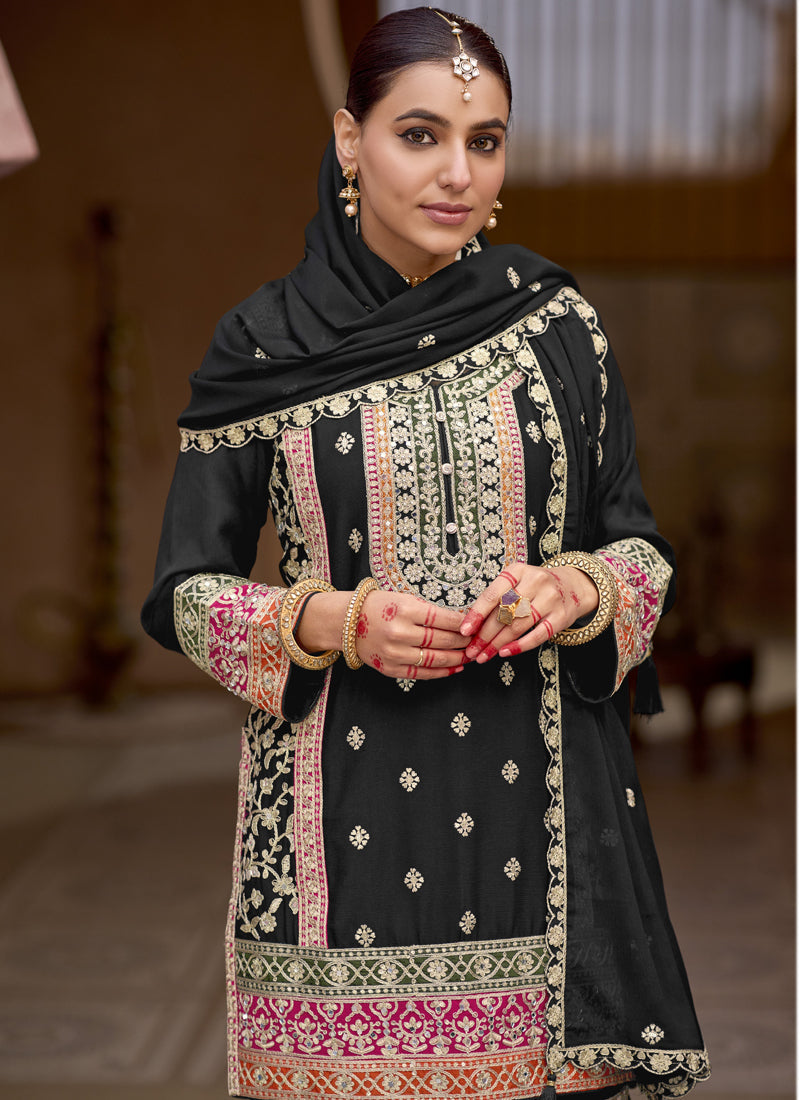 Vegaa Fashion Black Chinon Silk Embroidered Sharara Suit - Distacart