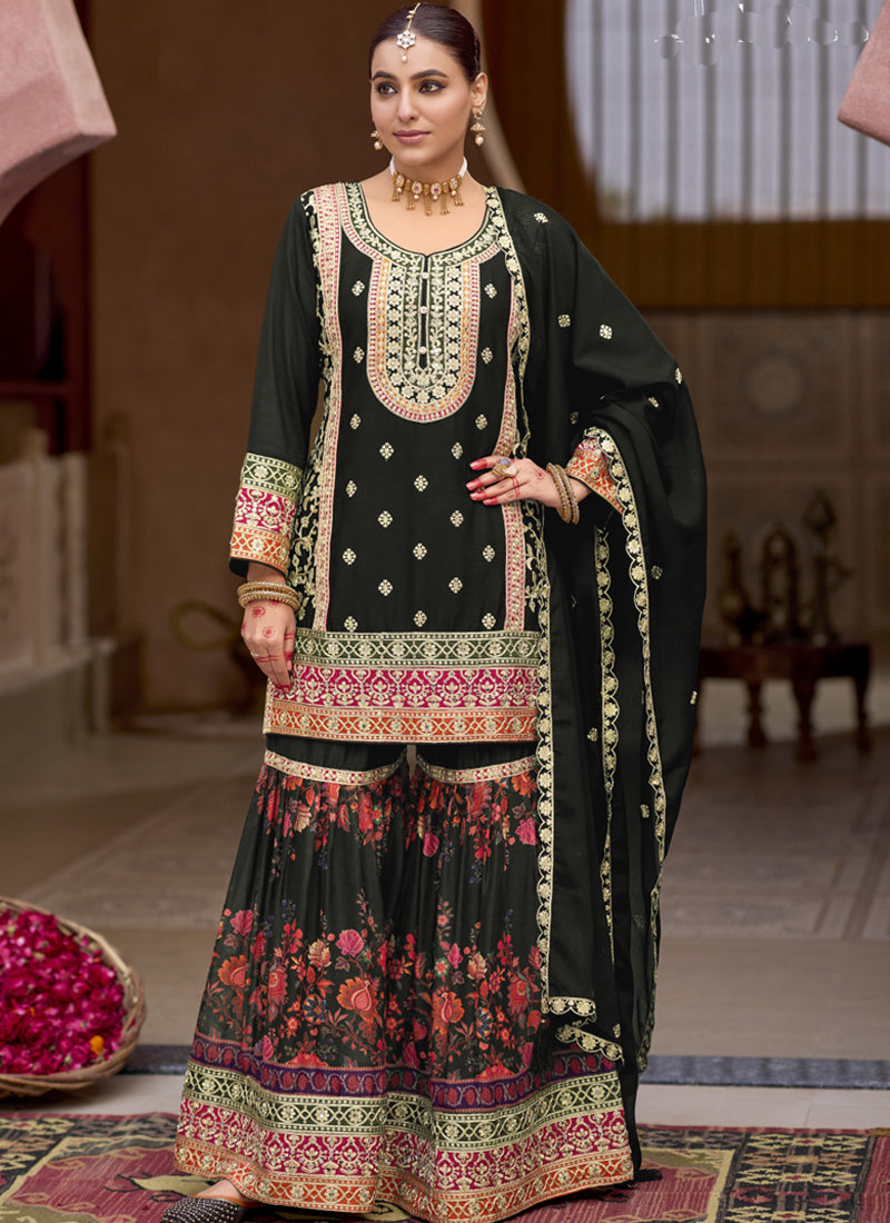 Vegaa Fashion Black Chinon Silk Embroidered Sharara Suit - Distacart