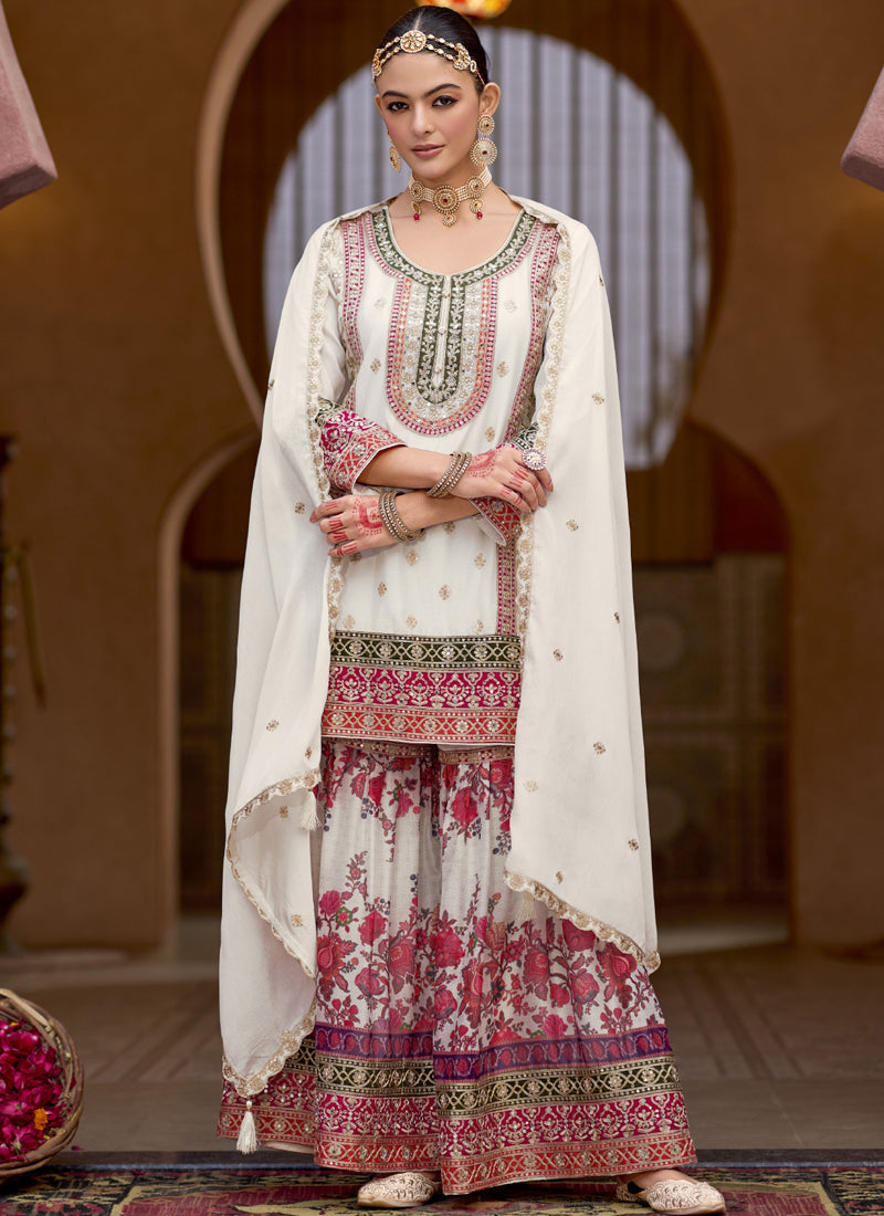 Vegaa Fashion White Chinon Silk Embroidered Sharara Suit - Distacart