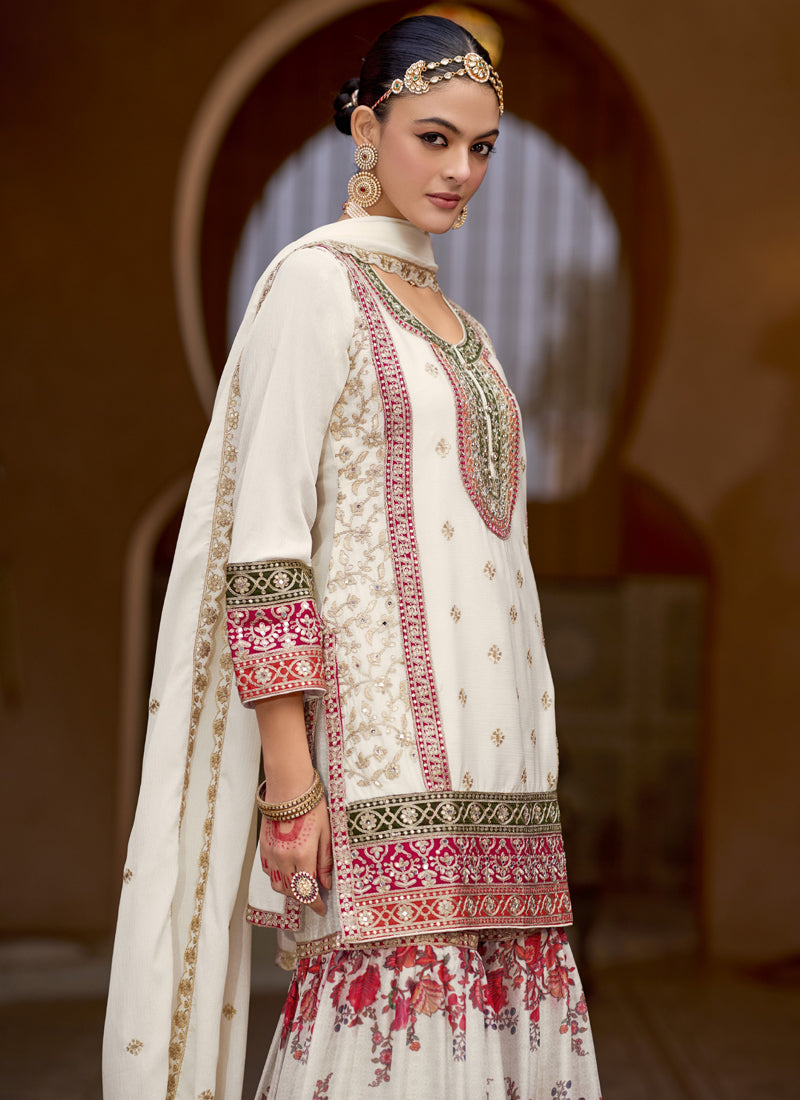 Vegaa Fashion White Chinon Silk Embroidered Sharara Suit - Distacart