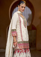 Vegaa Fashion White Chinon Silk Embroidered Sharara Suit - Distacart