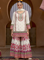 Vegaa Fashion White Chinon Silk Embroidered Sharara Suit - Distacart