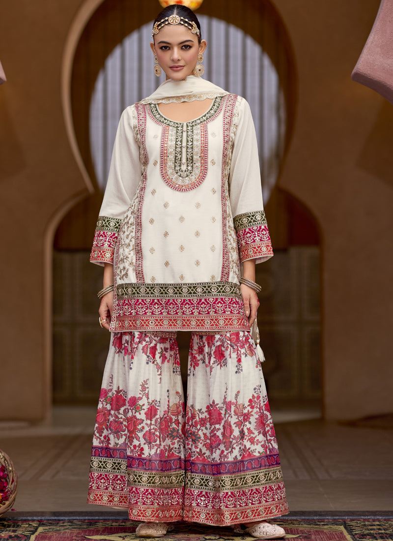 Vegaa Fashion White Chinon Silk Embroidered Sharara Suit - Distacart