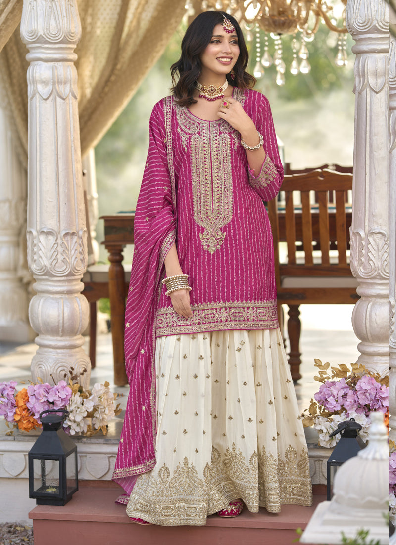 Vegaa Fashion Rani Pink Chinon Silk Embroidered With Digital Print Palazzo Suit - Distacart