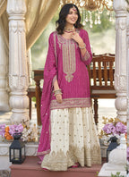 Vegaa Fashion Rani Pink Chinon Silk Embroidered With Digital Print Palazzo Suit - Distacart