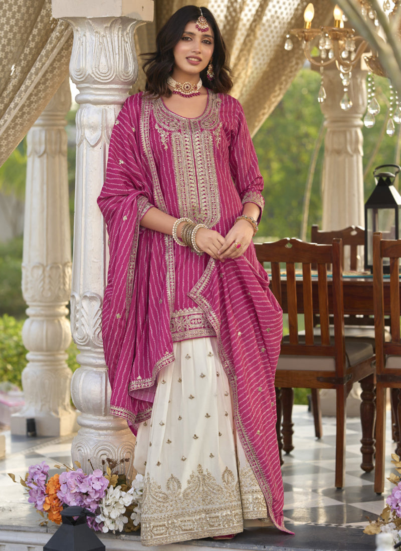 Vegaa Fashion Rani Pink Chinon Silk Embroidered With Digital Print Palazzo Suit - Distacart