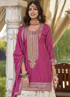 Vegaa Fashion Rani Pink Chinon Silk Embroidered With Digital Print Palazzo Suit - Distacart