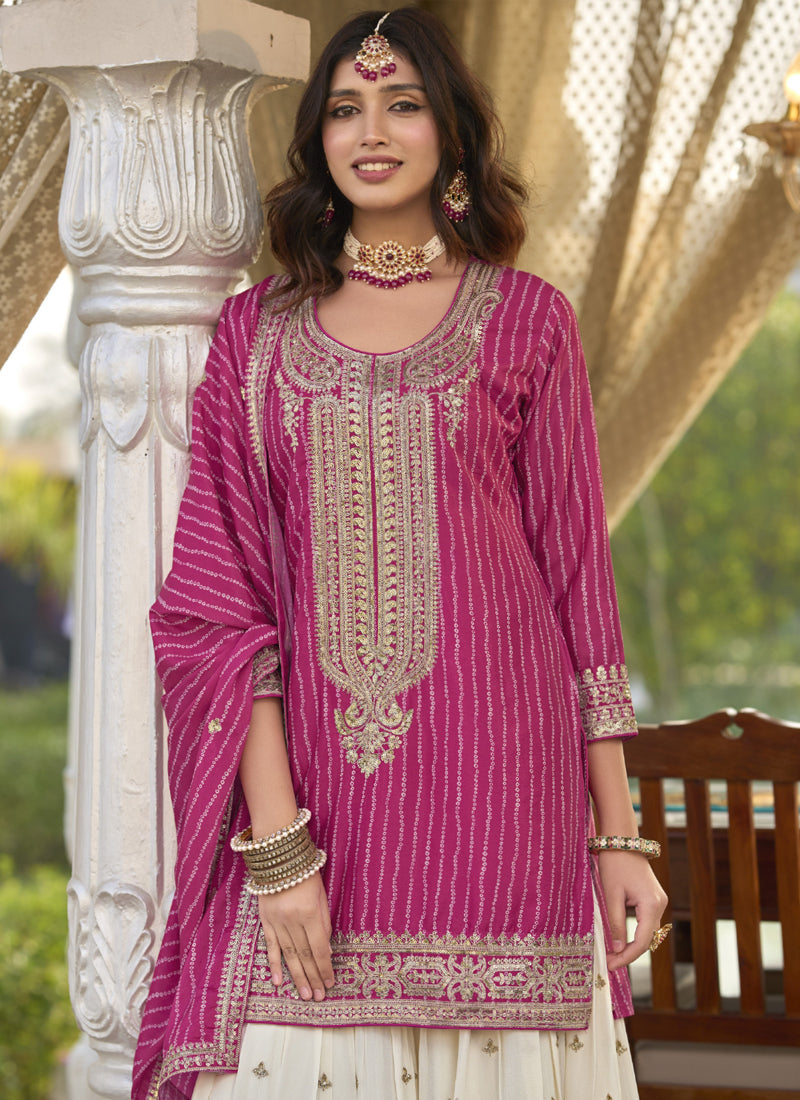 Vegaa Fashion Rani Pink Chinon Silk Embroidered With Digital Print Palazzo Suit - Distacart