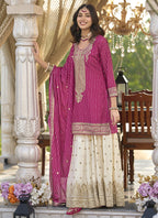 Vegaa Fashion Rani Pink Chinon Silk Embroidered With Digital Print Palazzo Suit - Distacart