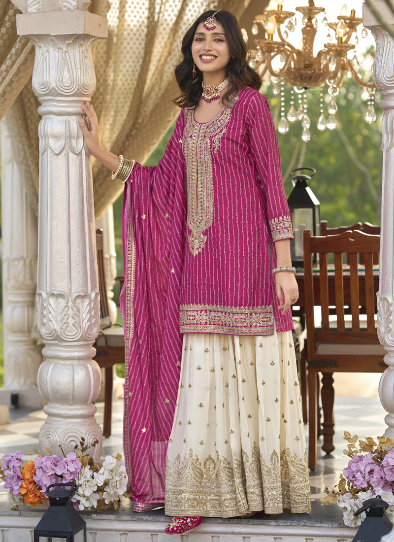 Vegaa Fashion Rani Pink Chinon Silk Embroidered With Digital Print Palazzo Suit - Distacart
