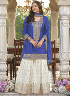 Vegaa Fashion Blue Chinon Silk Embroidered With Digital Print Palazzo Suit - Distacart
