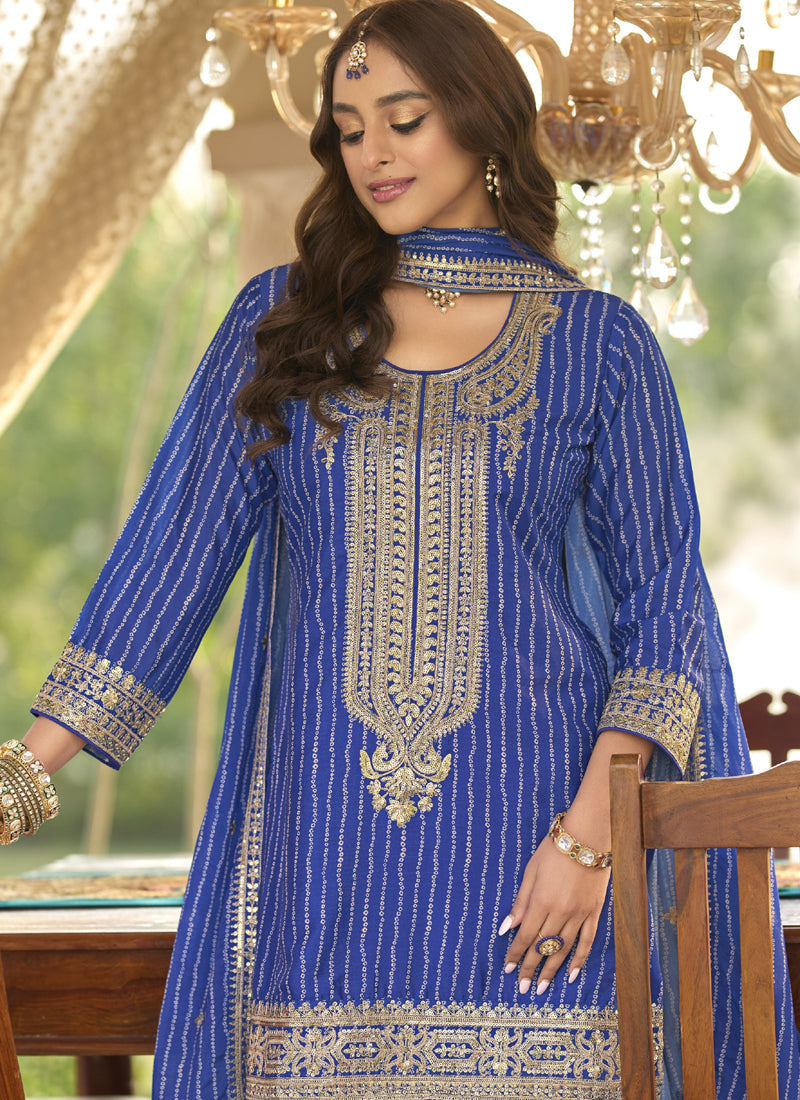 Vegaa Fashion Blue Chinon Silk Embroidered With Digital Print Palazzo Suit - Distacart