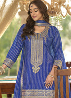 Vegaa Fashion Blue Chinon Silk Embroidered With Digital Print Palazzo Suit - Distacart