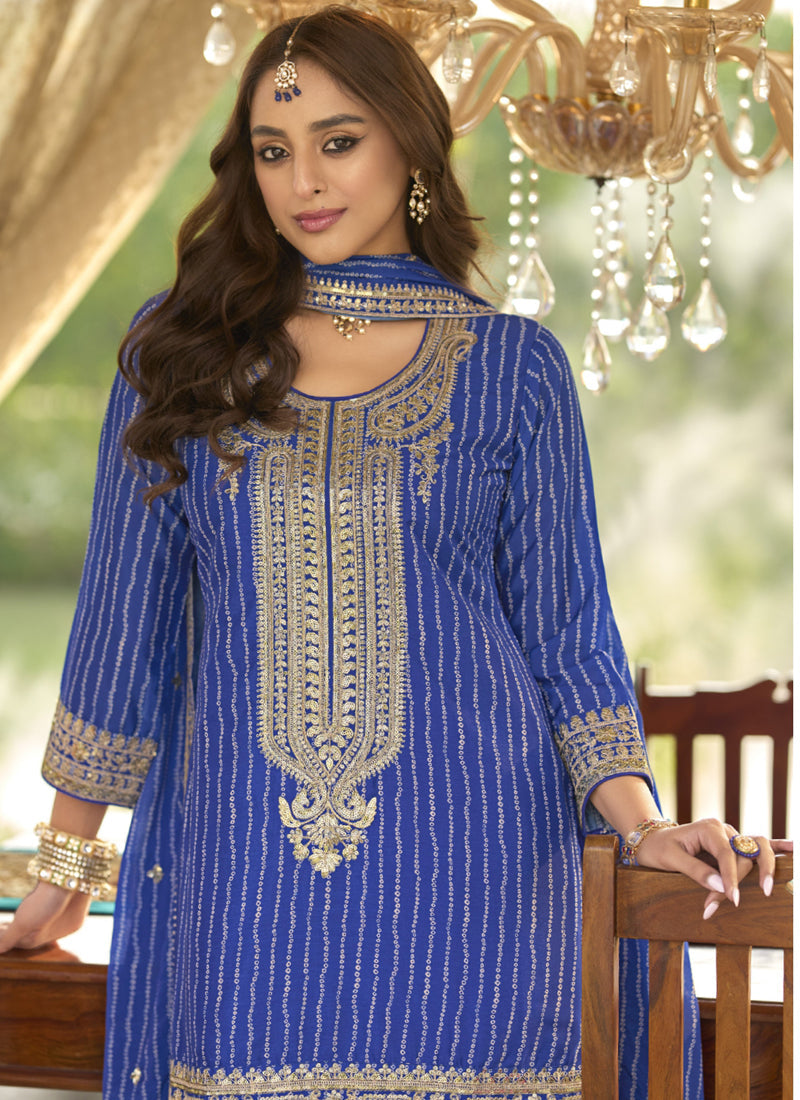 Vegaa Fashion Blue Chinon Silk Embroidered With Digital Print Palazzo Suit - Distacart