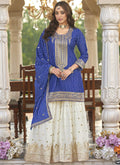 Vegaa Fashion Blue Chinon Silk Embroidered With Digital Print Palazzo Suit - Distacart
