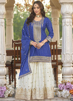 Vegaa Fashion Blue Chinon Silk Embroidered With Digital Print Palazzo Suit - Distacart