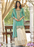 Vegaa Fashion Turquoise Chinon Silk Embroidered With Digital Print Palazzo Suit - Distacart