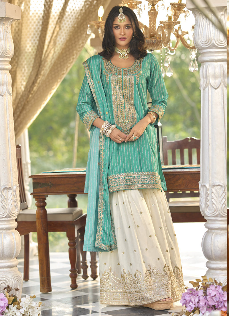 Vegaa Fashion Turquoise Chinon Silk Embroidered With Digital Print Palazzo Suit - Distacart